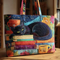 Einkaufstasche - Schwarze Katze mit Büchern und Tassen